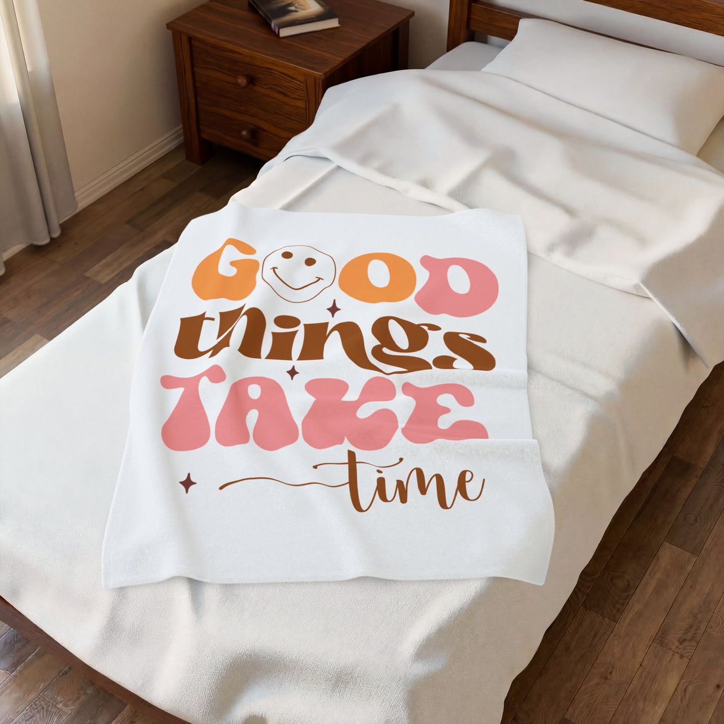 Good Things Take Time Retro Smiley Plush Throw Blanket