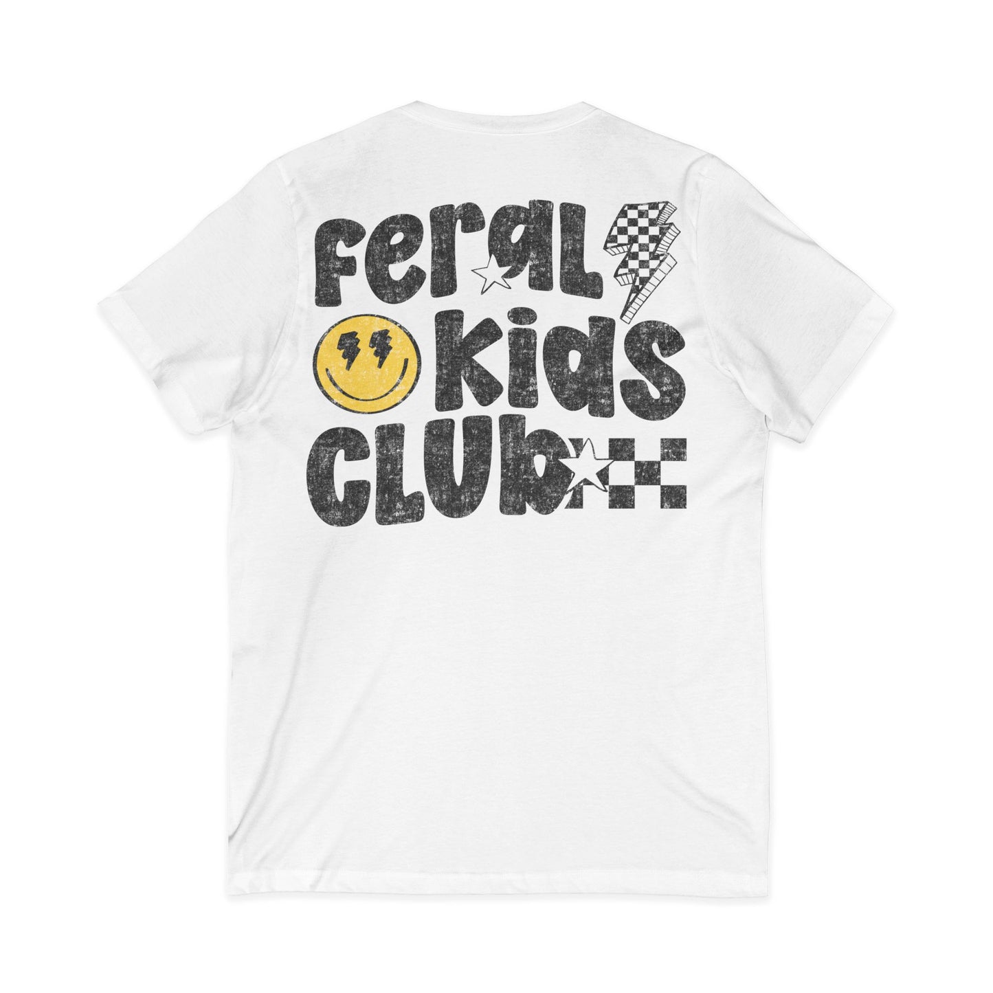Feral Kids Club V-Neck Tee — Retro Smiley Graphic Shirt