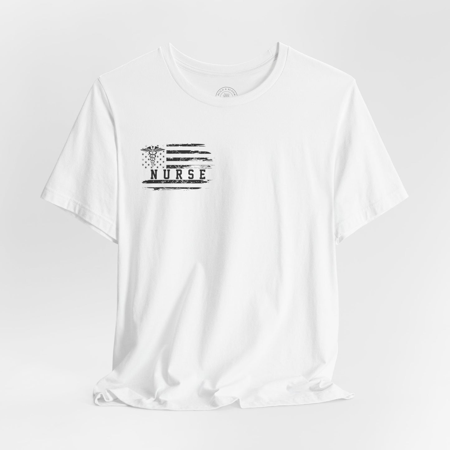 Nurse Caduceus American Flag Tee — Black Distressed