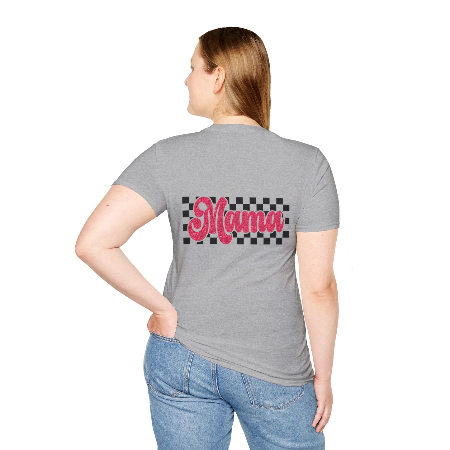 Mama Checkerboard T-Shirt — Retro Pink Script Mom Tee