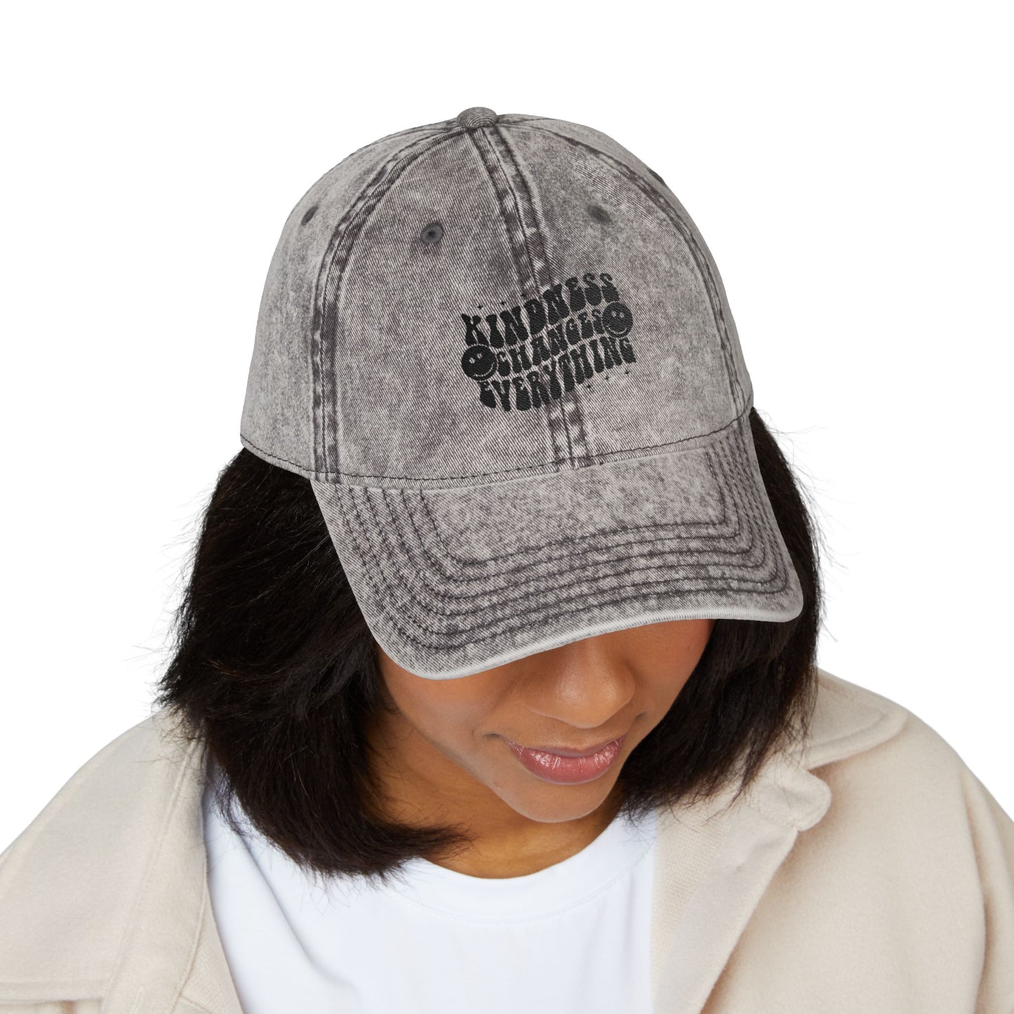 Vintage Embroidered Cap — "Kindness Changes Everything" Distressed Hat