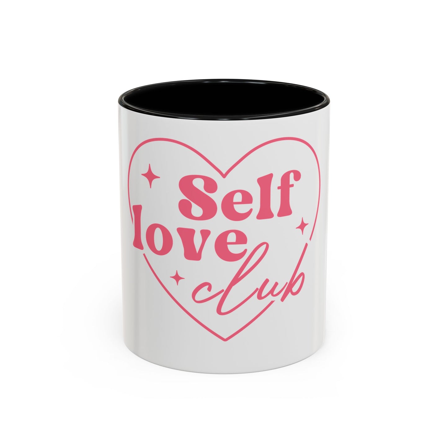 Self Love Club Pink Heart Accent Coffee Mug — Inspirational Ceramic (11/15 oz)
