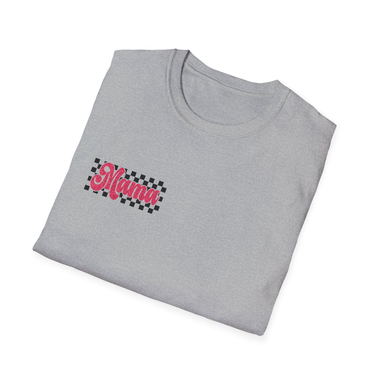 Mama Checkerboard T-Shirt — Retro Pink Script Mom Tee