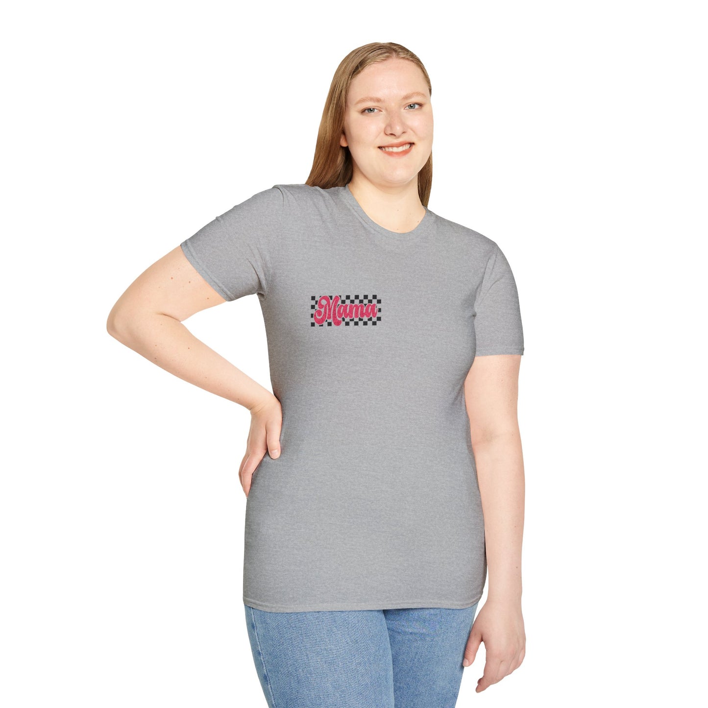 Mama Checkerboard T-Shirt — Retro Pink Script Mom Tee