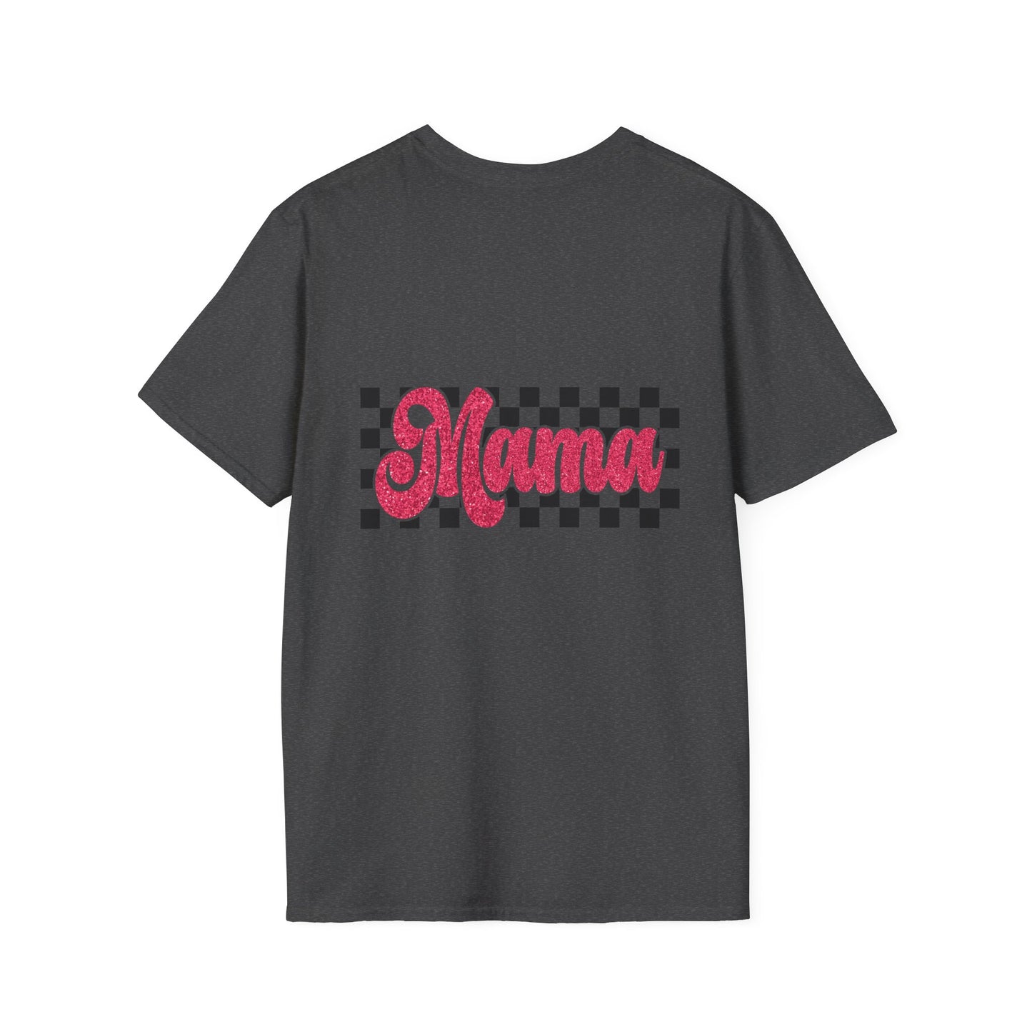 Mama Checkerboard T-Shirt — Retro Pink Script Mom Tee