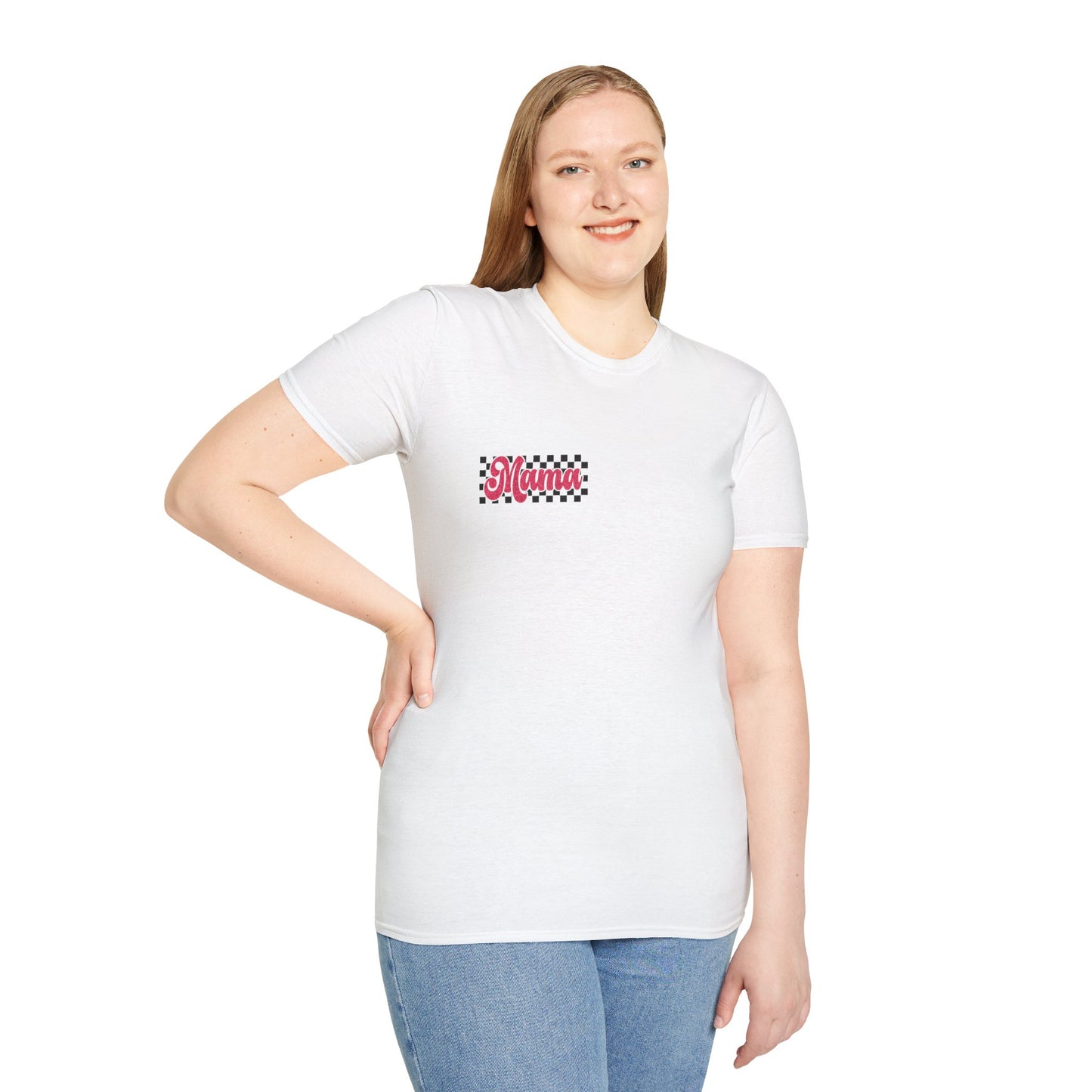 Mama Checkerboard T-Shirt — Retro Pink Script Mom Tee