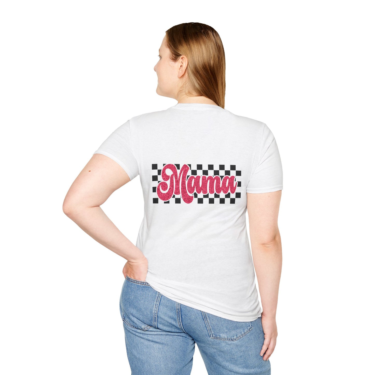 Mama Checkerboard T-Shirt — Retro Pink Script Mom Tee
