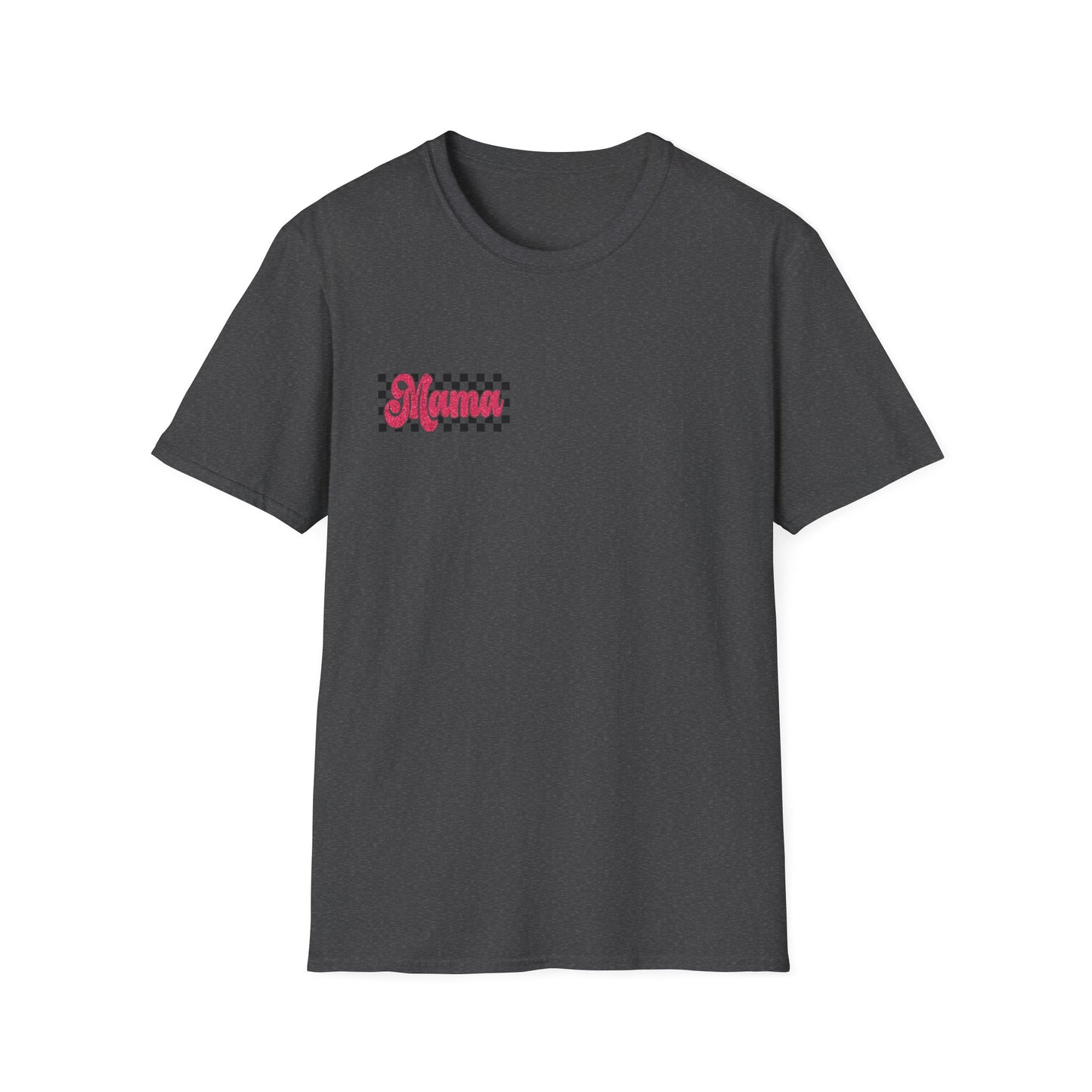 Mama Checkerboard T-Shirt — Retro Pink Script Mom Tee