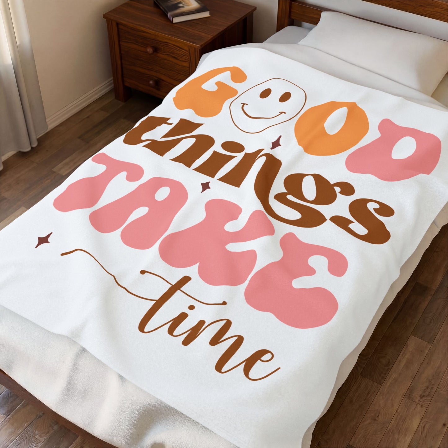 Good Things Take Time Retro Smiley Plush Throw Blanket