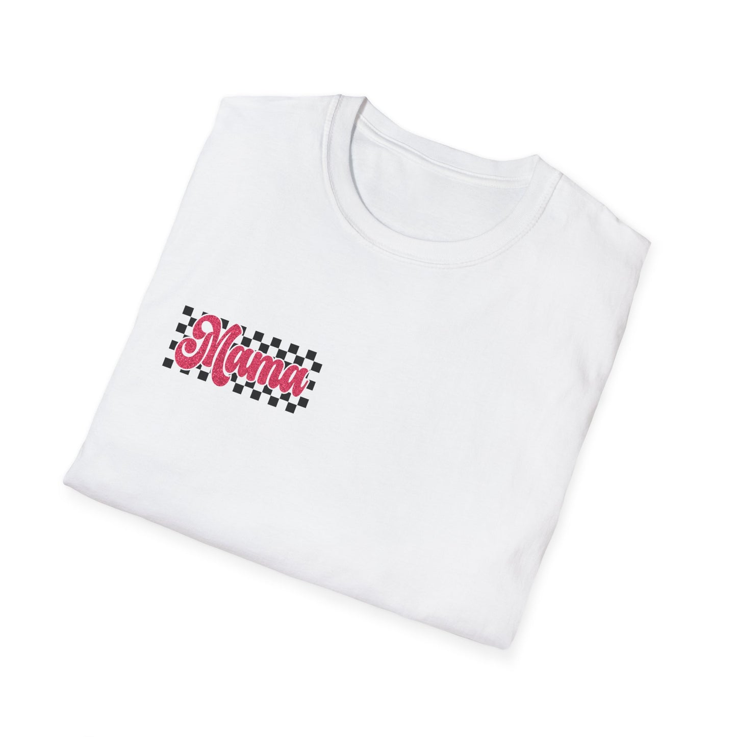 Mama Checkerboard T-Shirt — Retro Pink Script Mom Tee