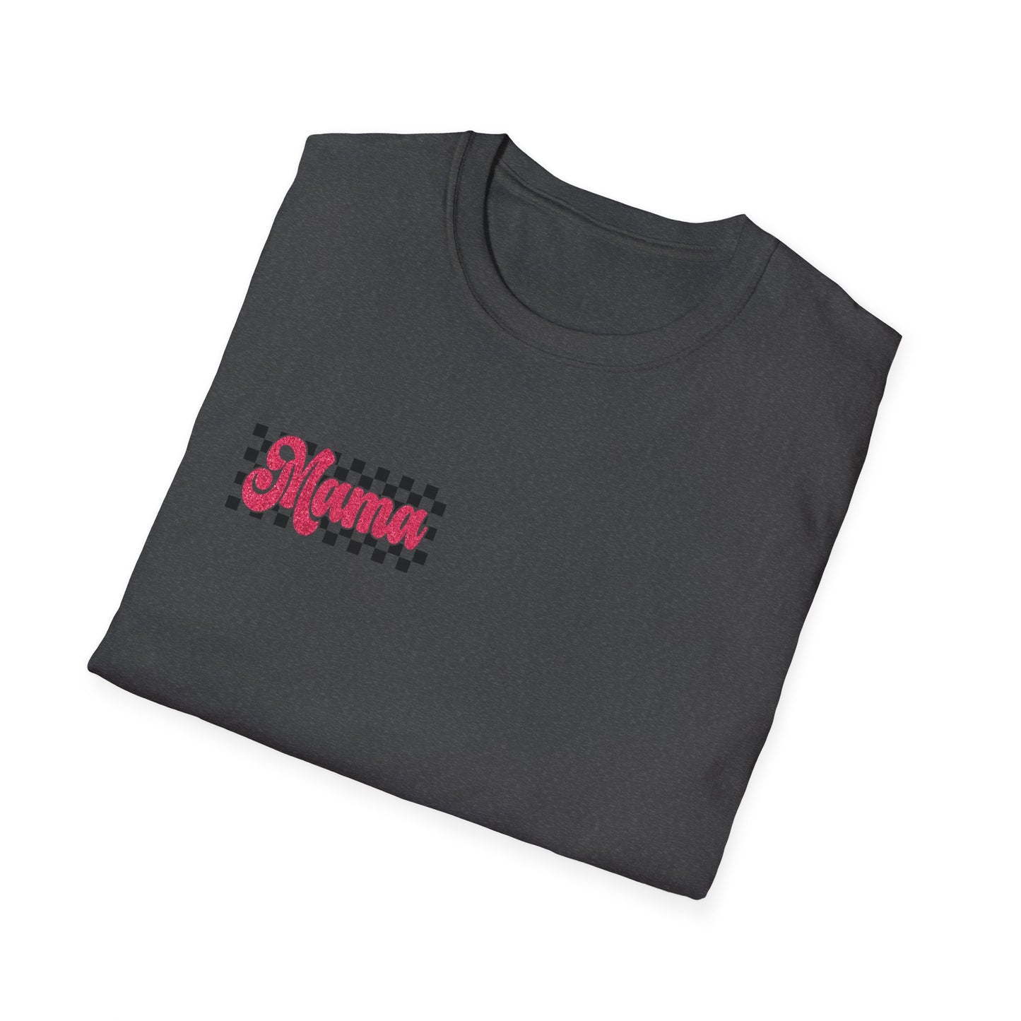 Mama Checkerboard T-Shirt — Retro Pink Script Mom Tee
