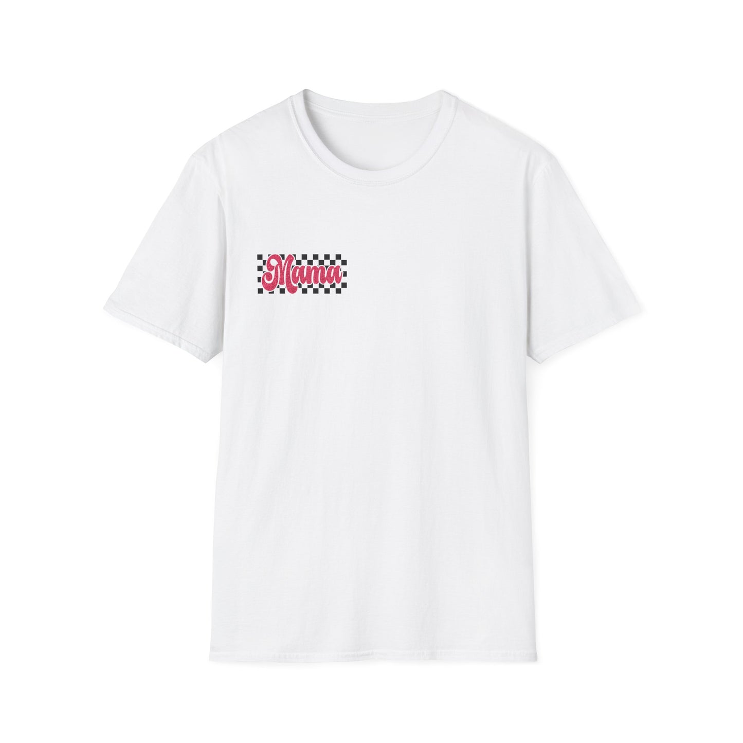 Mama Checkerboard T-Shirt — Retro Pink Script Mom Tee