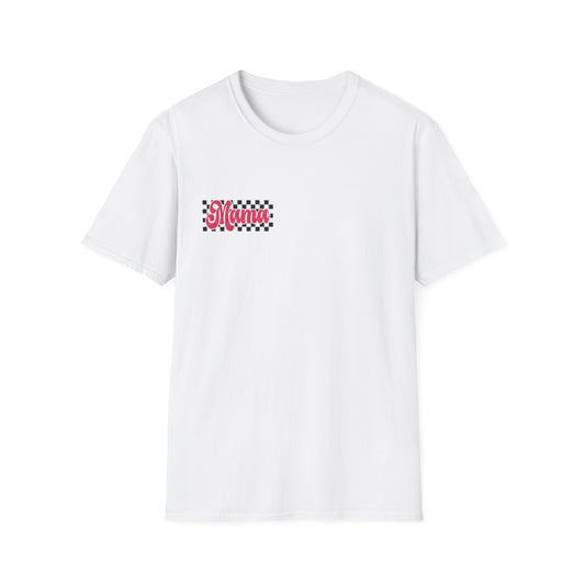 Mama Checkerboard T-Shirt — Retro Pink Script Mom Tee