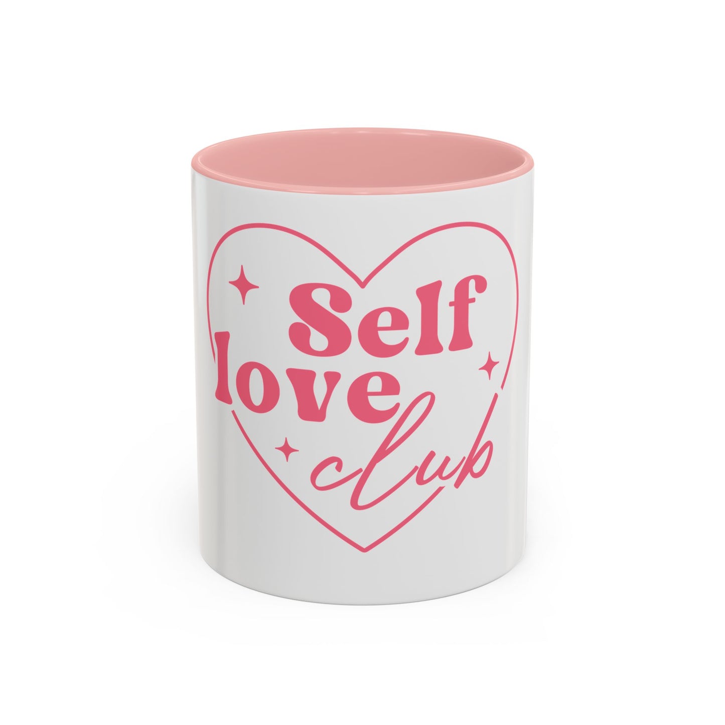 Self Love Club Pink Heart Accent Coffee Mug — Inspirational Ceramic (11/15 oz)