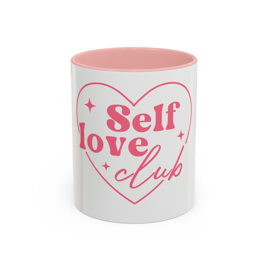 Self Love Club Pink Heart Accent Coffee Mug — Inspirational Ceramic (11/15 oz)