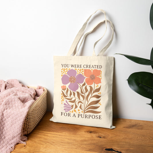 "You Were Created for a Purpose" Floral Canvas Tote Bag