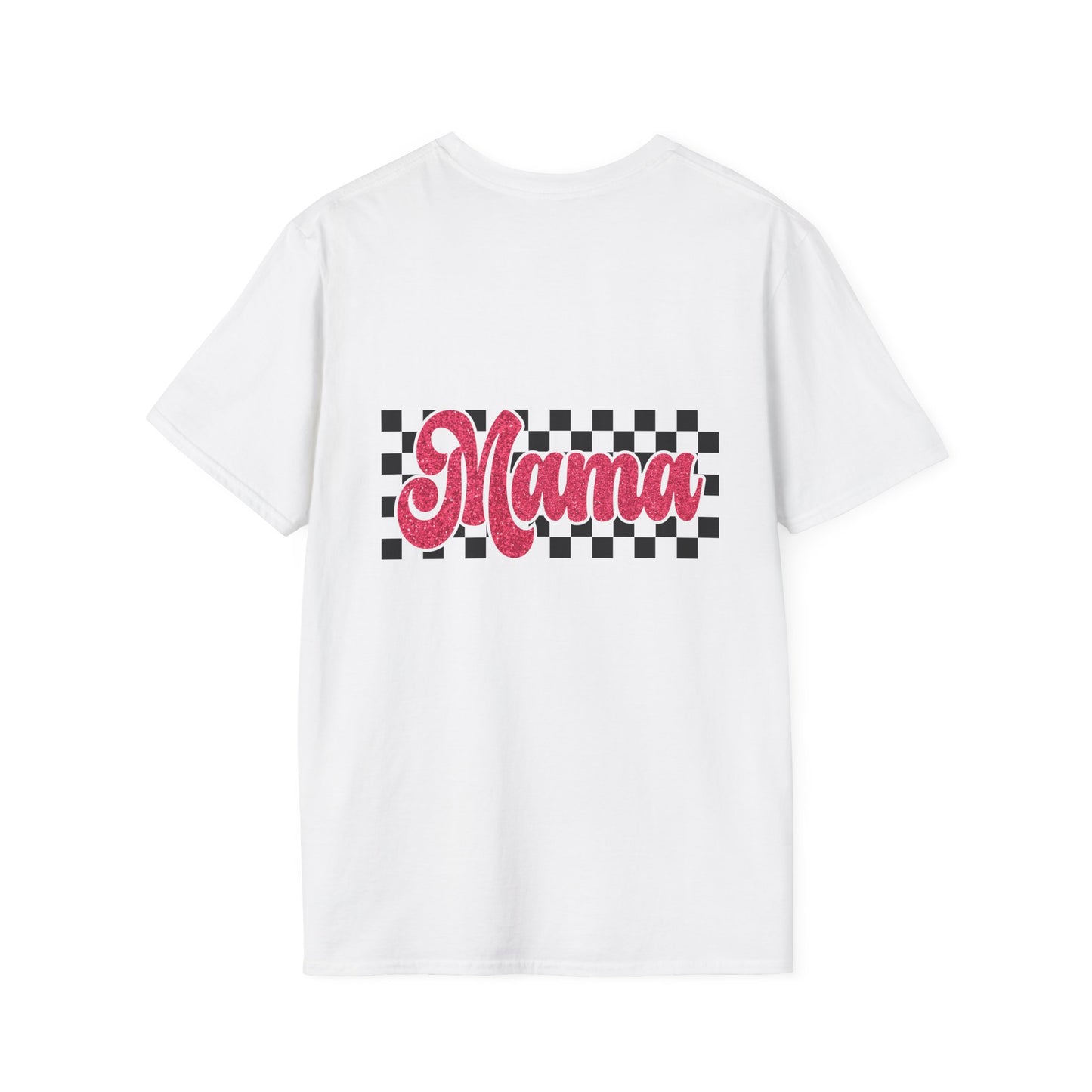 Mama Checkerboard T-Shirt — Retro Pink Script Mom Tee