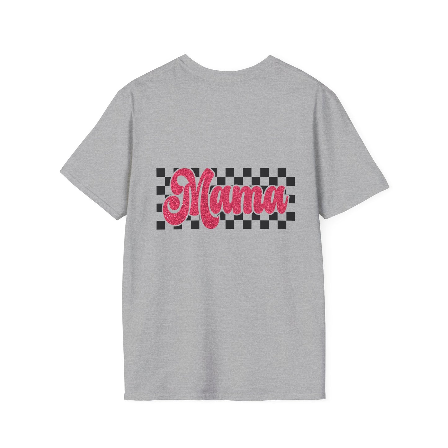 Mama Checkerboard T-Shirt — Retro Pink Script Mom Tee