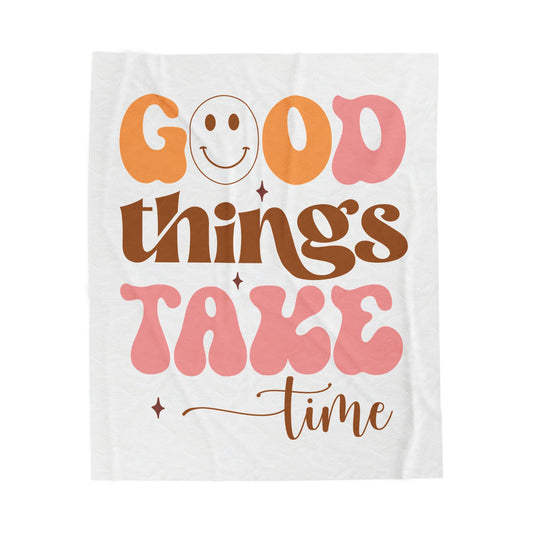 Good Things Take Time Retro Smiley Plush Throw Blanket