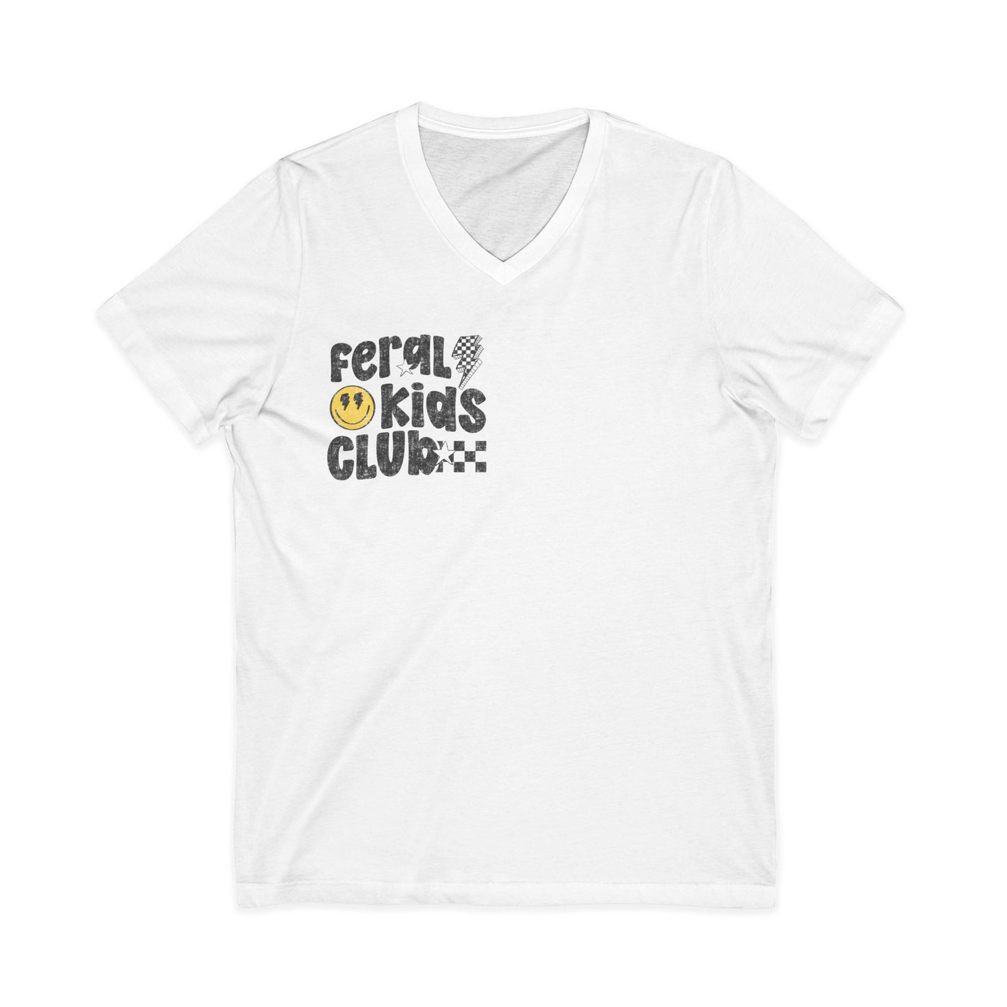 Feral Kids Club V-Neck Tee — Retro Smiley Graphic Shirt
