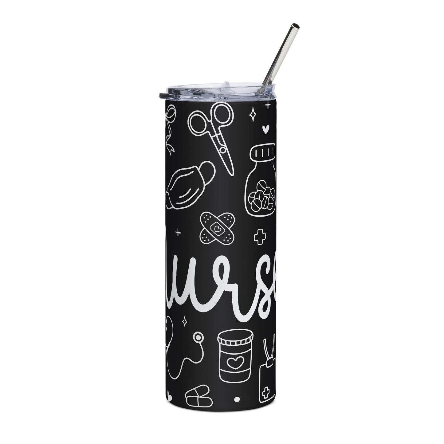 Nurse Doodle Art 20oz Stainless Steel Tumbler — Black Chalkboard Medical Doodle Design