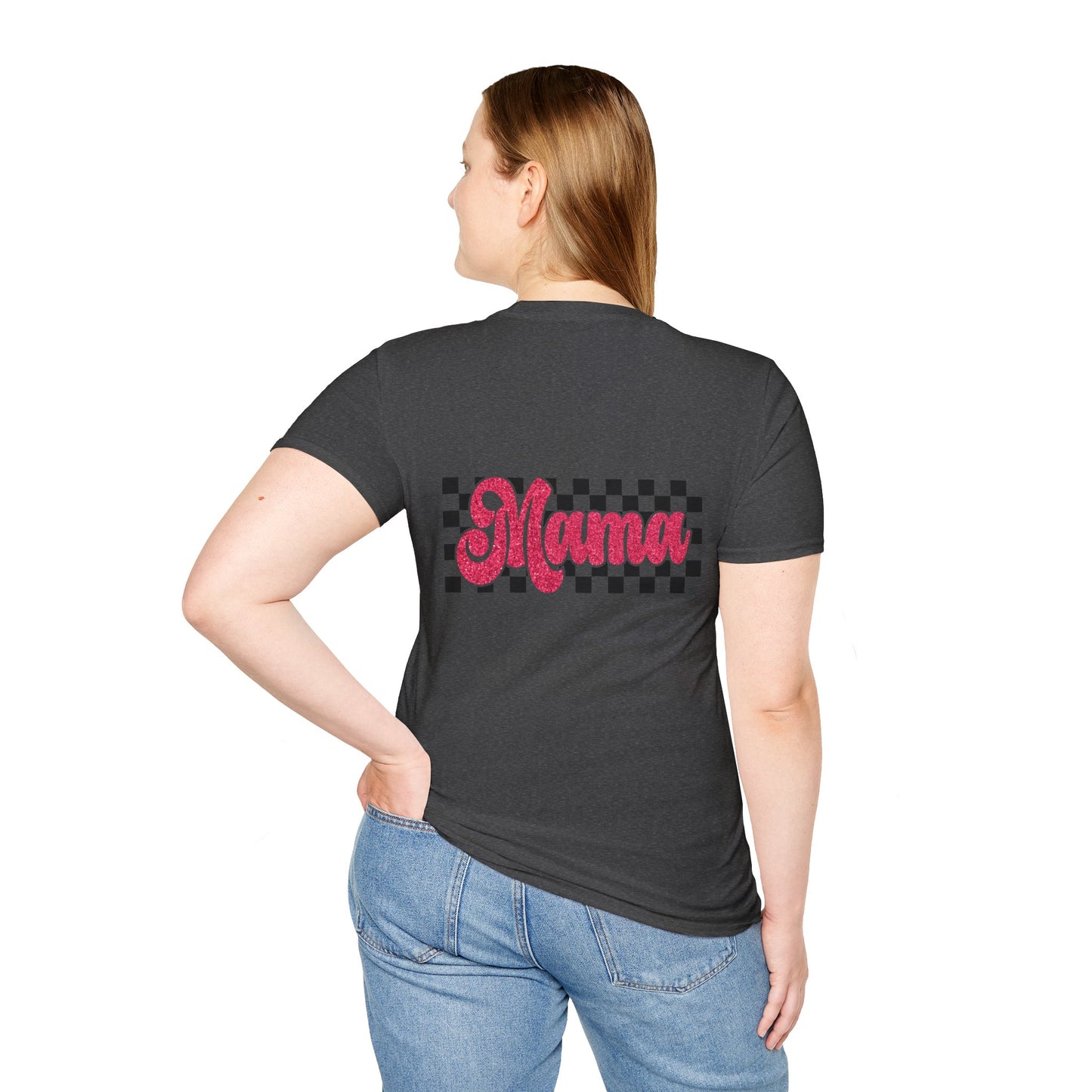 Mama Checkerboard T-Shirt — Retro Pink Script Mom Tee