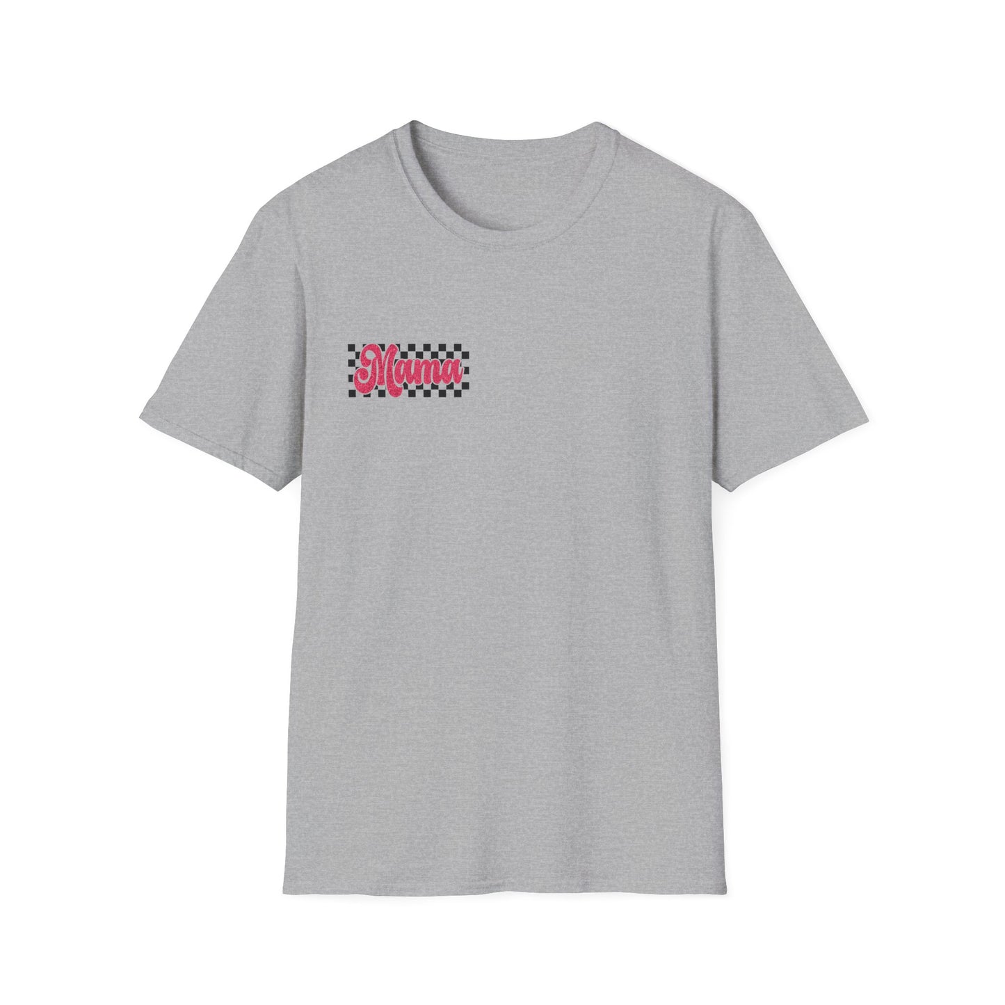Mama Checkerboard T-Shirt — Retro Pink Script Mom Tee