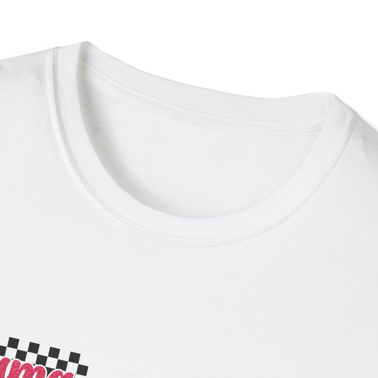 Mama Checkerboard T-Shirt — Retro Pink Script Mom Tee