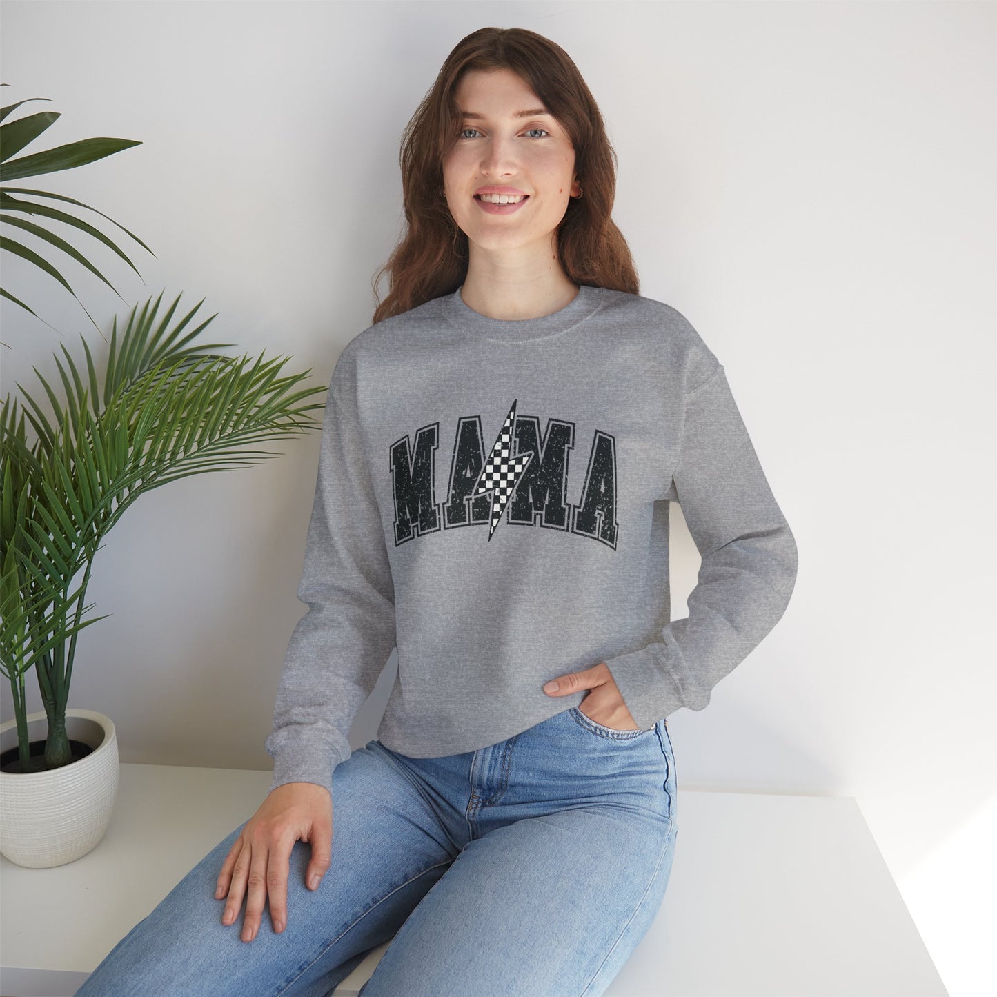 Mama Crewneck Sweatshirt — Lightening Bolt Checkered MAMA Pullover