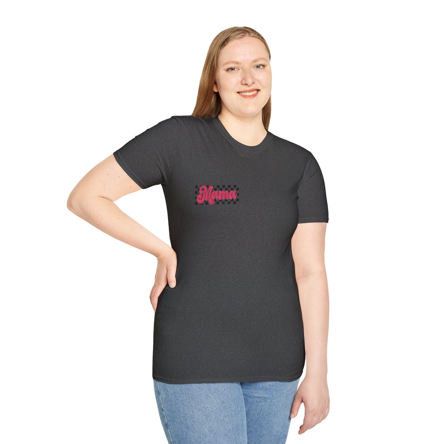Mama Checkerboard T-Shirt — Retro Pink Script Mom Tee