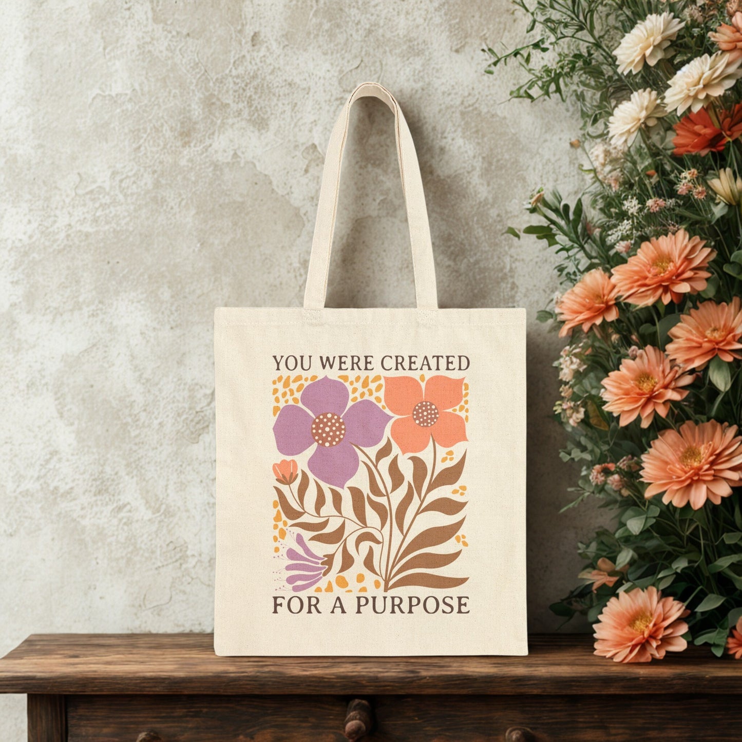 "You Were Created for a Purpose" Floral Canvas Tote Bag